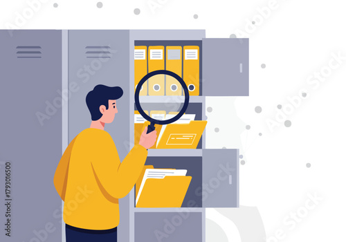 Thorough document examination and data discovery process within an organized storage system, emphasizing information retrieval