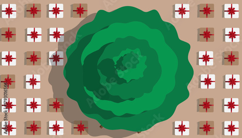 Top Down View Christmas Tree Surrounded by Wrapped Holiday Gifts and Presents