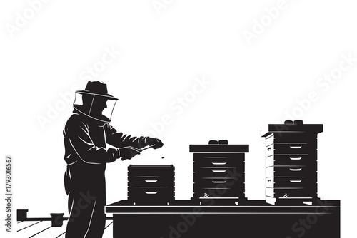 Silhouette of a beekeeper tending to beehives bees