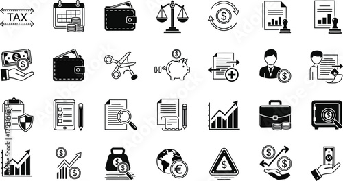 Business Finance Icons Set Tax, Wallet, Balance, Euro, Dollar, in Black