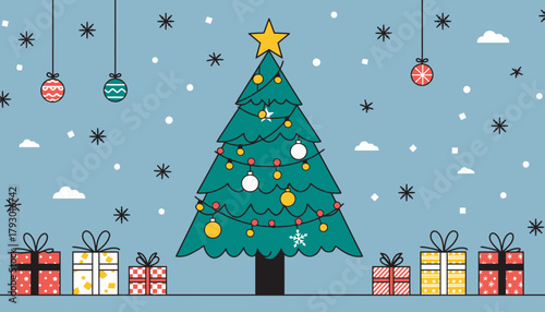 Festive Cartoon Christmas Tree with Gifts and Snowfall Background for Holiday Design