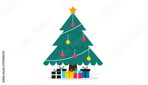Cute Black Cat Hiding Under Decorated Christmas Tree with Presents Isolated on White Background