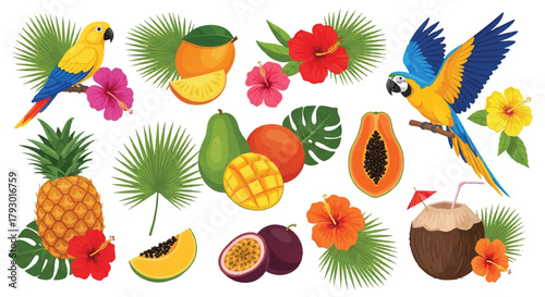 Flat 2D vector illustration of a vibrant tropical Hawaiian collection featuring exotic fruits like pineapple and papaya alongside colorful paradise birds, isolated on a clean white background.