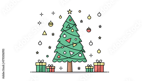 Minimalist Flat Design Christmas Tree with Gifts and Ornaments Illustration