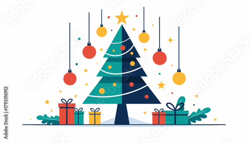 Festive Flat Illustration of a Christmas Tree with Gifts and Hanging Ornaments