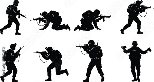 Armed soldier silhouettes, tactical combat poses, black vector figures, military gear detail, defense movement study, minimal design, battlefield concept, warfare art