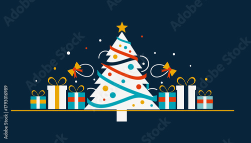 Festive Flat Design Christmas Tree with Gifts Illustration on Dark Background