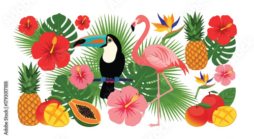 A vibrant collection of tropical toucan, pink flamingo, exotic hibiscus flowers, and fresh Hawaiian fruits presented in a colorful flat 2D vector illustration isolated on a clean white background.