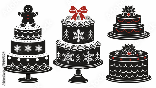 Illustration of three tiered christmas cakes with gingerbread man and festive decorations design