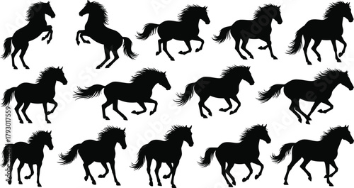 Black silhouette horses in dynamic poses, rearing, walking, and galloping animals, vector illustration for farm design, equine icon set, motion concept