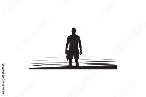 Silhouette of a man standing in water with a bag lake