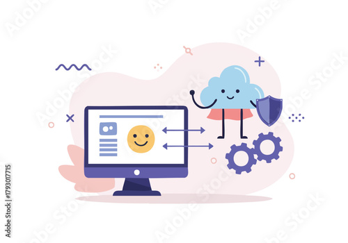 Secure cloud computing concept with user interaction and protected data flow represented by a friendly cloud and shield