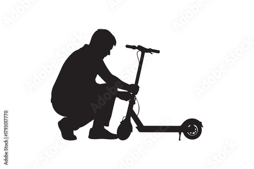 Man crouching with electric scooter silhouette personal transport