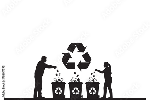 People recycling with recycling symbol silhouette waste