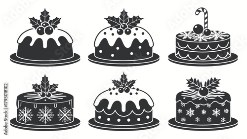 Illustration of six christmas puddings with different toppings and decorations in black and white style