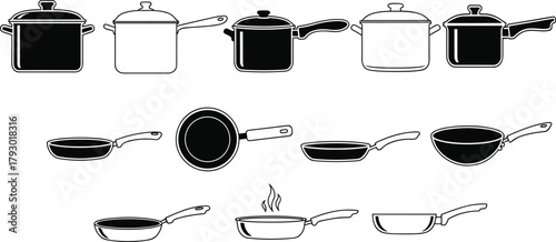 Kitchen cookware silhouette set, saucepan, frying pan, pot, and wok icons, cooking utensil collection, black and white outline design, cad drawing flat vector illustration