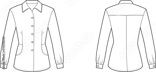 Long sleeve shirt technical sketch, front and back view, pointed collar, patch pockets, gathered cuffs, princess seams, fashion illustration, garment construction drawing
