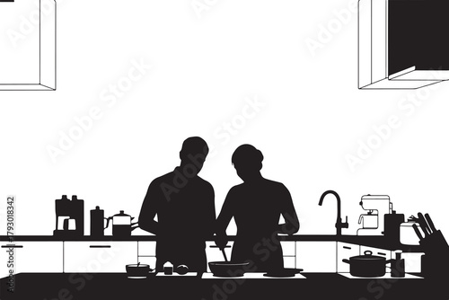 Couple cooking together in a kitchen silhouette 