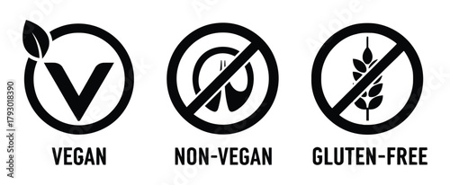 Illustration showing vegan,non-vegan, and gluten-free symbols in black and white, indicating dietary options