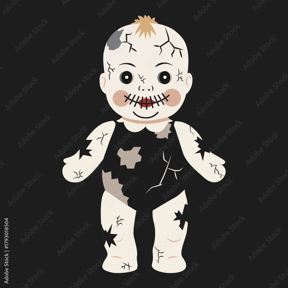 Obraz premium Broken Porcelain Doll Horror Design – Creepy Face Illustration for T-Shirt