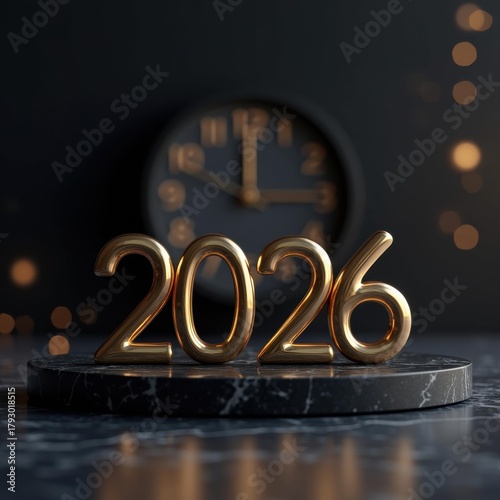 3D render gold 2026 numerals on black marble pedestal — New Year 2026 midnight countdown banner, luxury hero image
