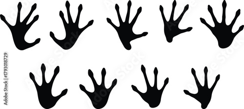 Black frog footprints pattern silhouette, amphibian track shapes, seamless reptile foot marks vector, wildlife footprint symbols isolated, cad drawing flat vector illustration