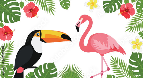 This colorful flat 2D vector illustration features an exotic toucan and a pink flamingo nestled among bright red hibiscus, yellow plumeria, and lush green tropical leaves on a pure white background.