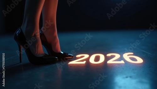 Black patent stiletto heels beside glowing '2026' numerals on reflective floor — New Year 2026 promo banner, warm orange glow, cool blue background, copy space