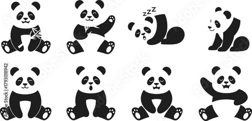 Cartoon panda illustrations, expressive poses and emotions, black and white vector characters, cute animal design, minimal style, nature concept, playful artwork