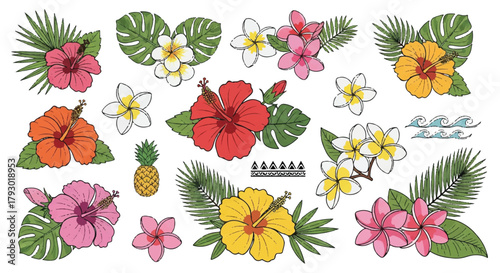 Hawaiian tropical decorative collection featuring bright red hibiscus and pink plumeria flowers rendered in a vibrant 2D flat vector illustration, isolated on a clean white background.
