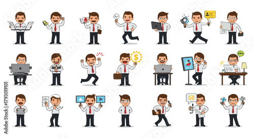 A diverse collection of cartoon businessmen performing various professional activities and modern digital tasks in an office setting