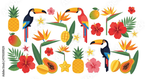 Vibrant 2D flat vector illustration showcasing a lush tropical collection of exotic summer flowers, juicy fruits, and colorful jungle birds isolated on a clean white background.