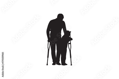 Elderly man with crutches and child silhouette vector
