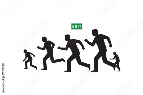 Silhouettes of people running towards an exit sign