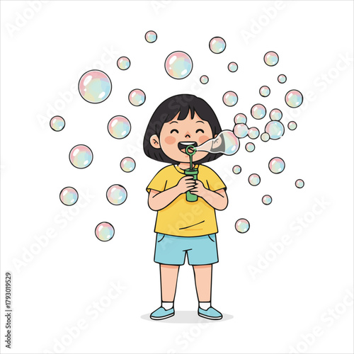 Happy young girl blowing bubbles on a white background Art & Illustration
