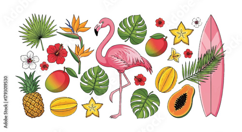 A vibrant tropical summer composition featuring a pink flamingo, juicy exotic fruits, and lush palm leaves, rendered in a cheerful flat 2D vector style on a clean white background.