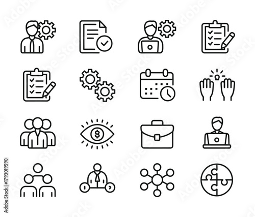 Business management productivity outline icons set for corporate and workflow