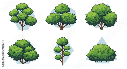 Diverse collection of stylized green foliage elements showcasing various tree and bush shapes for nature-themed graphic projects and digital