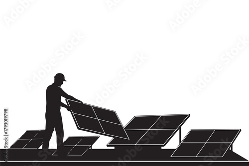 Silhouette of worker installing solar panels 