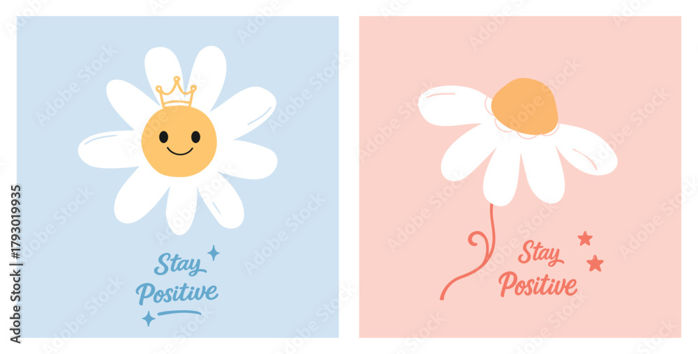 Fototapeta premium Cute daisy motivation poster set vector, smiling flower with crown on pastel blue and peach backgrounds, positive quote illustration for kids wall art, card, and sticker design.