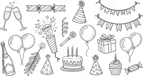 Celebration Doodles Featuring Balloons, Champagne, Cake, & Party Favors on Transparent