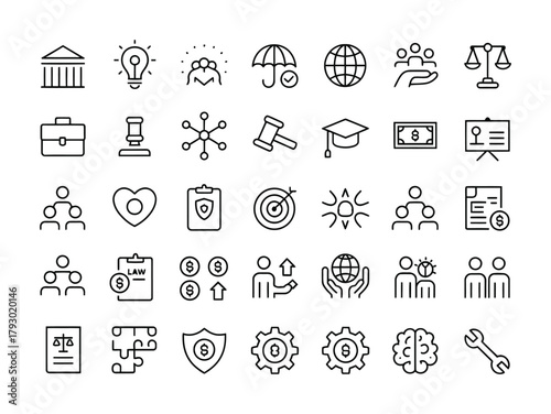 Government finance leadership outline icons set for law and public administration