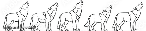 Howling wolf line drawings, repeated profile silhouettes, black and white vector animals, stylized wildlife illustration, minimal design, nature concept, forest art