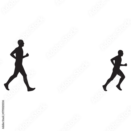 Silhouettes of two runners on a white background running