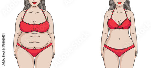 Before and after weight loss. Woman before and after diet and fitness.