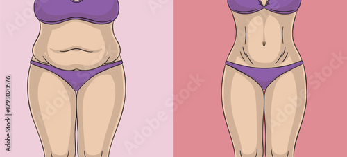 Vector Before and after weight loss. Woman before and after diet and fitness. Weight loss concept.