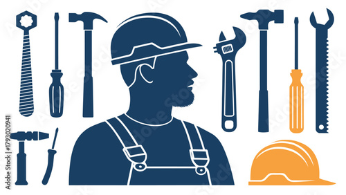 Silhouette of a construction worker surrounded by various tools like hammers wrenches and screwdrivers design
