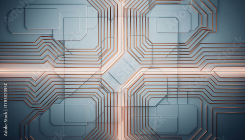 Futuristic clear motherboard with glowing copper lines and minimal electronic design concept. This technological background shows data transfer and innovation
