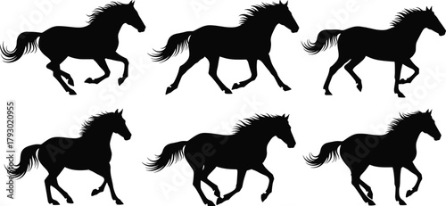 Running horse silhouettes, dynamic motion sequence, black vector animals, flowing mane illustration, equine anatomy study, minimal design, nature concept, wildlife art