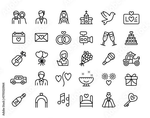 Wedding celebration romance outline icons set for marriage and event